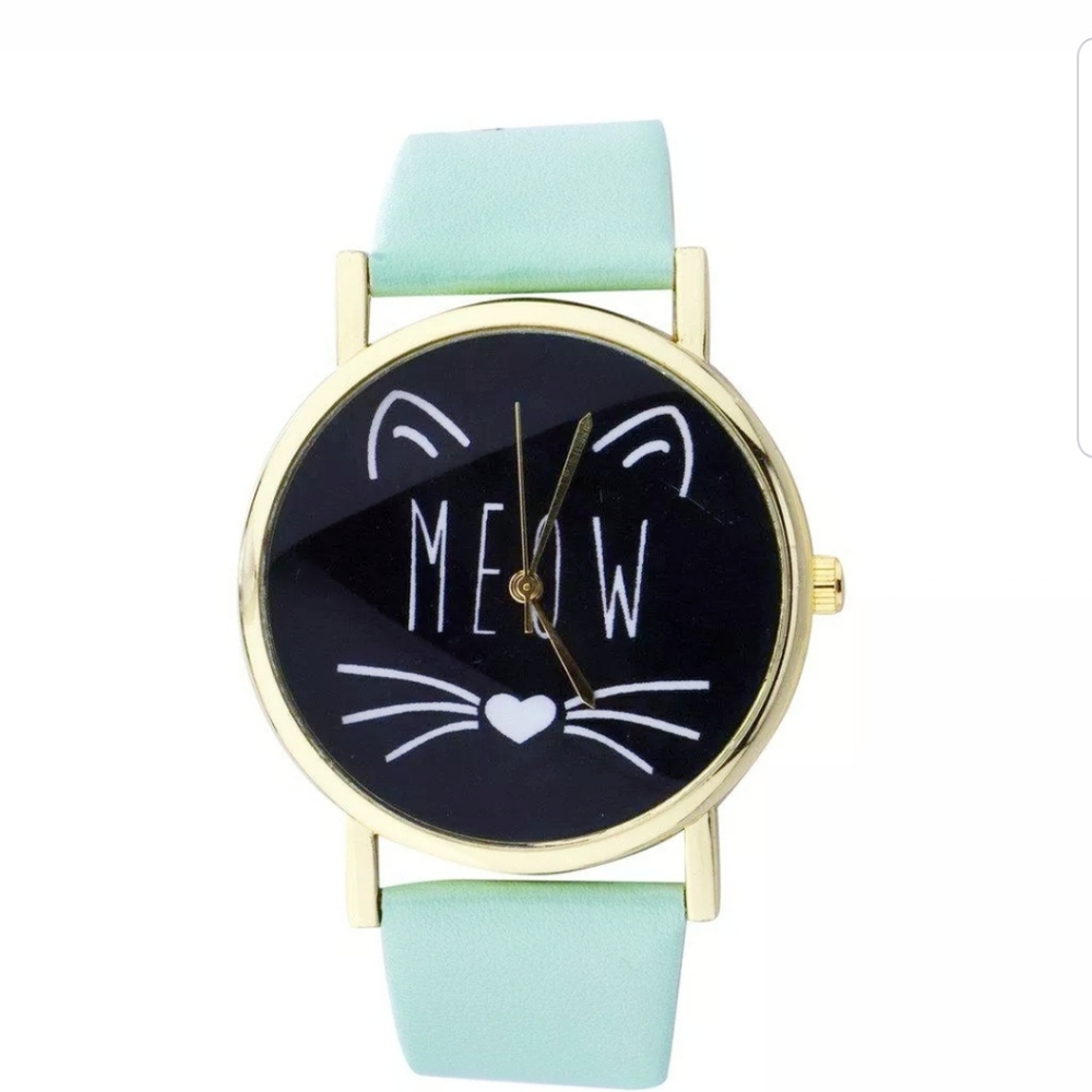 NEW Mint Green Gold Cat Meow Black Face Watch